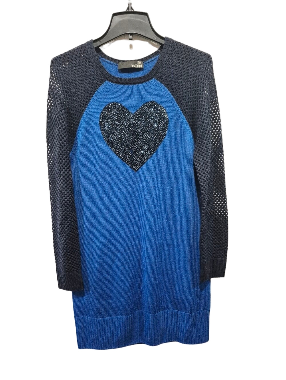 Love Moschino Wool Blend Sequin Heart Sweater Dress Blue Black IT 44 US M L Open